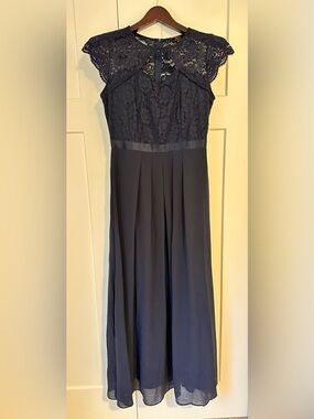 Lace Bodice Navy Evening Dress -‎ Elegant Women's Formal Gown Mother of Bride L